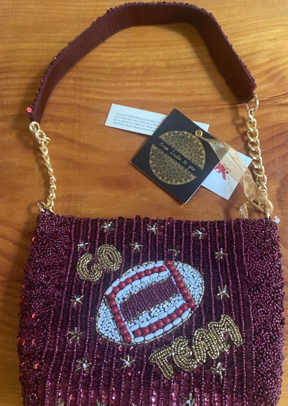 Viral TikTok Beaded Bag Burgendy Go Team with Gold Accents NWT TJ Max